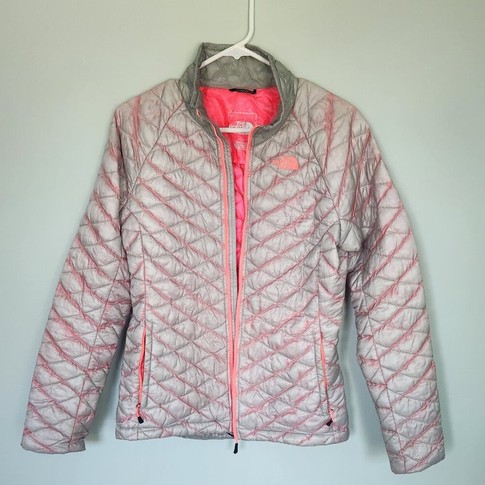 The North Face Thermoball Quilted Puffer Jacket Full Zip Womens Small Gray Pink